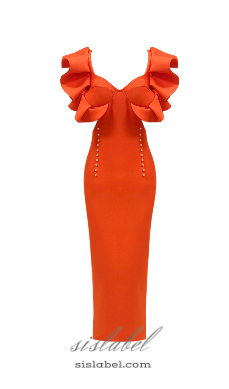 TOBEY ORANGE PEARL EMBELLISHED RUFFLE TRIM NECK MIDI DRESS