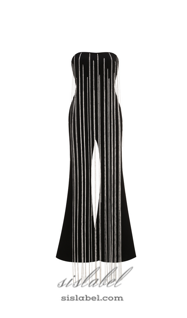 EVELYN CRYSTAL CHAIN DETAIL STRAPLESS BLACK JUMPSUIT