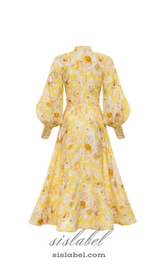 SIGRID YELLOW BUTTERCUP JASMINE LANTERN SLEEVE MIDI DRESS