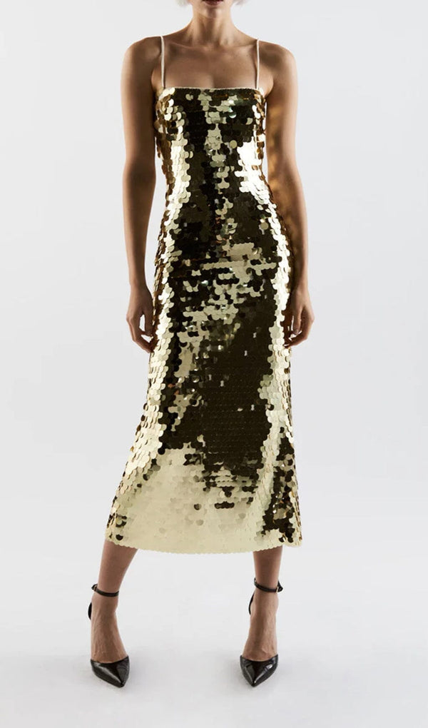 SEQUIN SLIP MIDI DRESS IN METALLIC