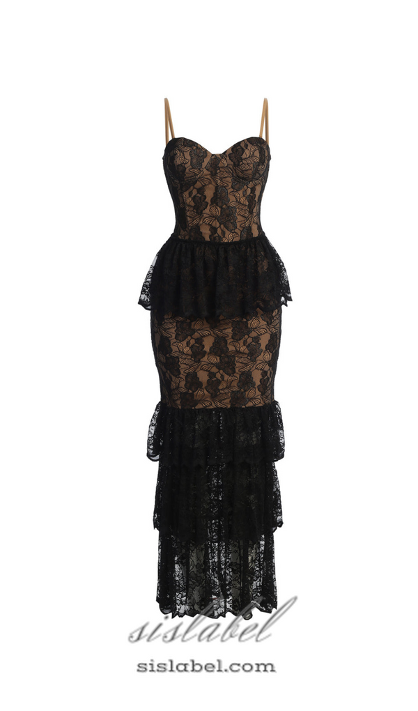 Carlin layer lace maxi dress in black