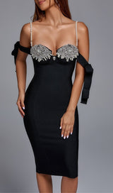 RHINESTONE STRAPPY MIDI DRESS IN BLACK