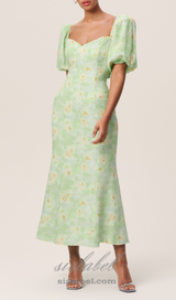 puff sleeve floral square neckline midi dress in green