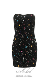 multicolor-crystal embellished black strapless mini dress