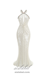 ELSA CRYSTAL EMBELLISHED SEQUIN MAXI DRESS IN WHITE