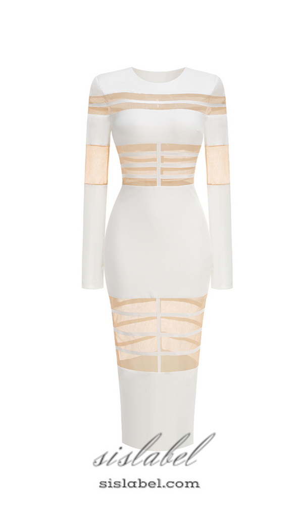 DORIS LONG SLEEVES MESH INSERT MIDI DRESS IN WHITE