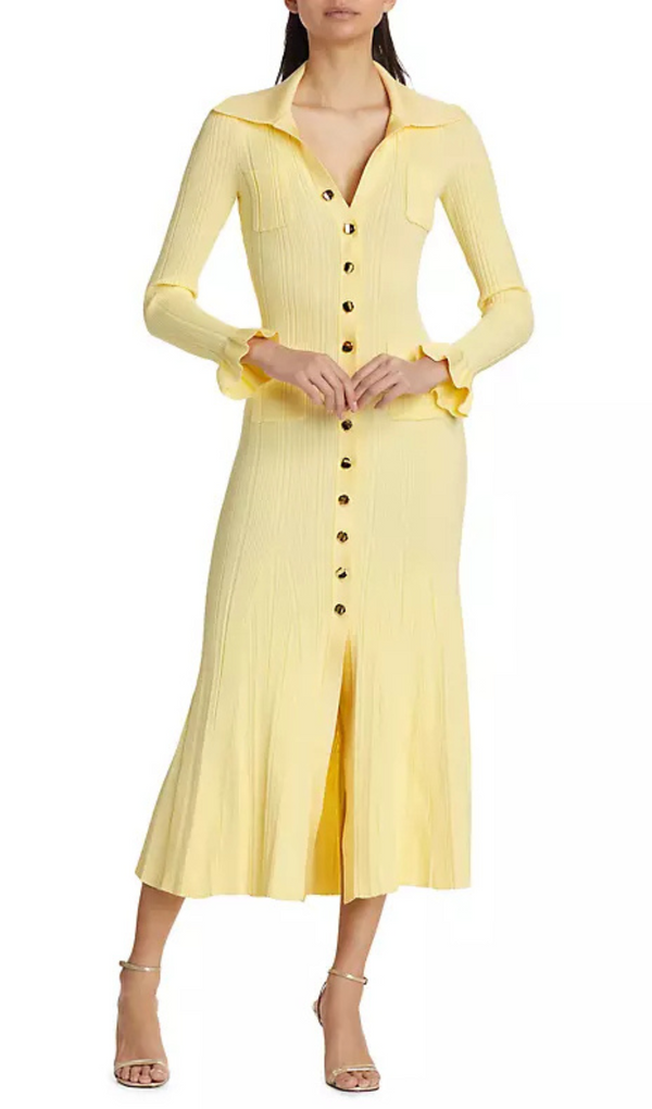 Rib-Knit Fluted Midi Shirt dress in yellow