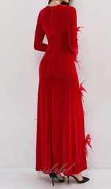 3d feather flower velvet maxi dress in red