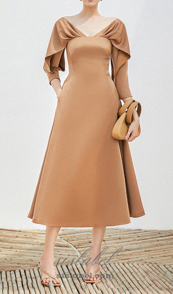 ODELIA V-NECK BROWN A-LINE MIDI DRESS