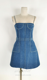 ANDREA DENIM RHINESTONE SUSPENDER MINI DRESS IN BLUE