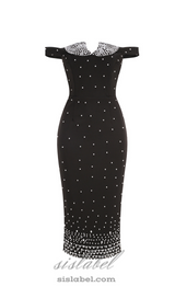 pearl polka dots embellished midi dress in black