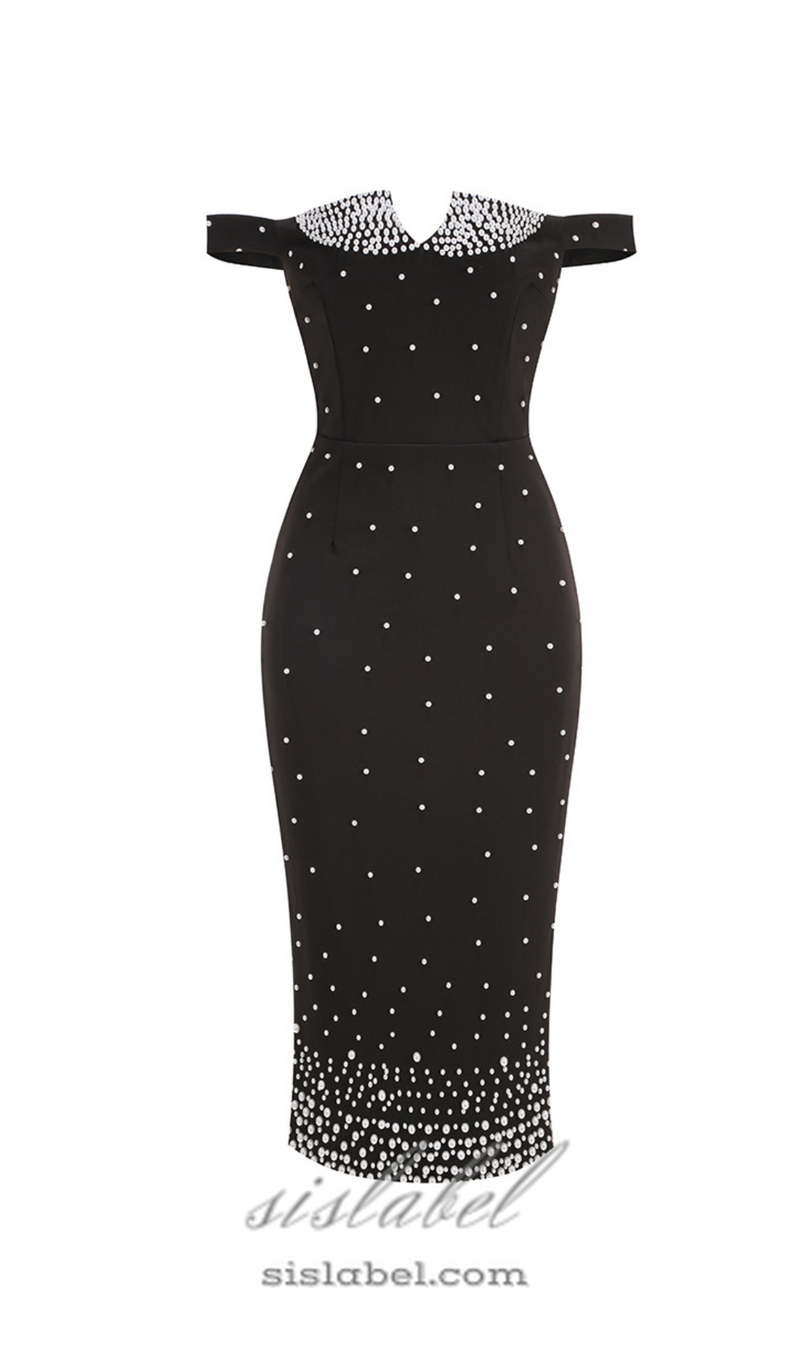 pearl polka dots embellished midi dress in black