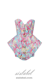 STACEY MULTICOLOR FEATHER PRINT PEPLUM BUSTIER MINI DRESS