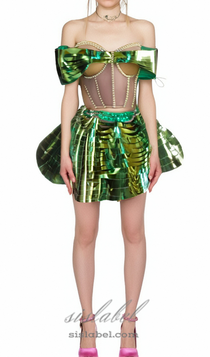 Crystal Metallic Skirt Set In Green