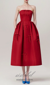 RED STRAPLESS RIBBON FRONT PLAIN A-LINE MIDI DRESS