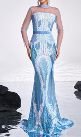 Stand Collar Mermaid maxi Dress in Light Blue