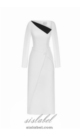 REGINA WHITE ASYMMETRIC NECK POLYCOTTON SHEATH MIDI DRESS