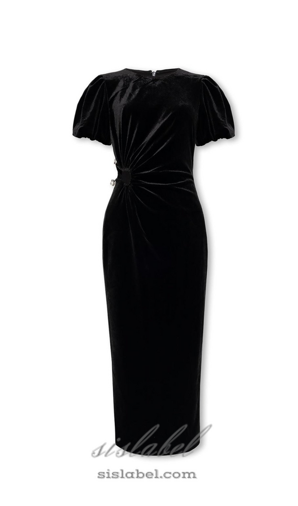 pleated velvet cut-out midi dress in black