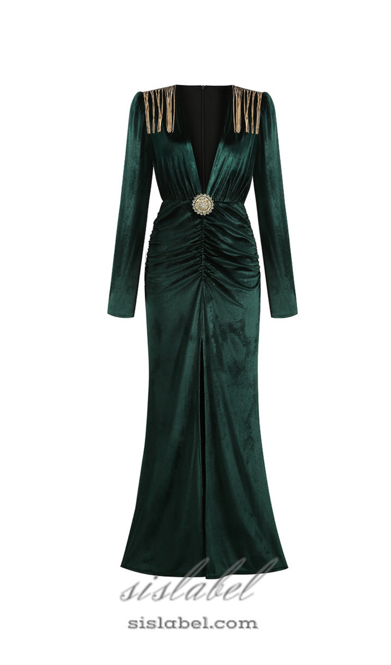 PHILIPPPA VELVET TASSEL V-NECK MAXI DRESS IN GREEN