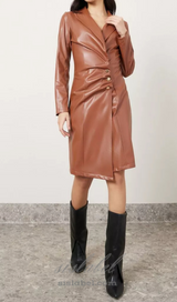 notch lapel leather blazer dress in brown