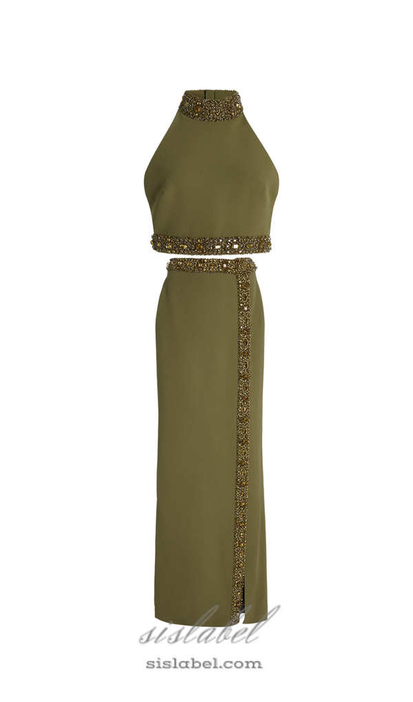 beaded diamond halter top slit skirt suit in green