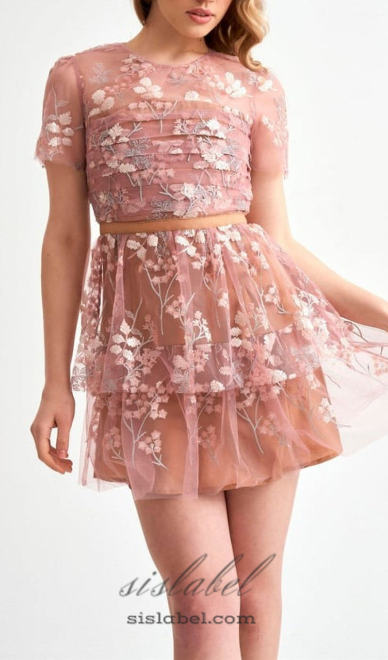 FLOWER MESH TIERED MINI DRESS