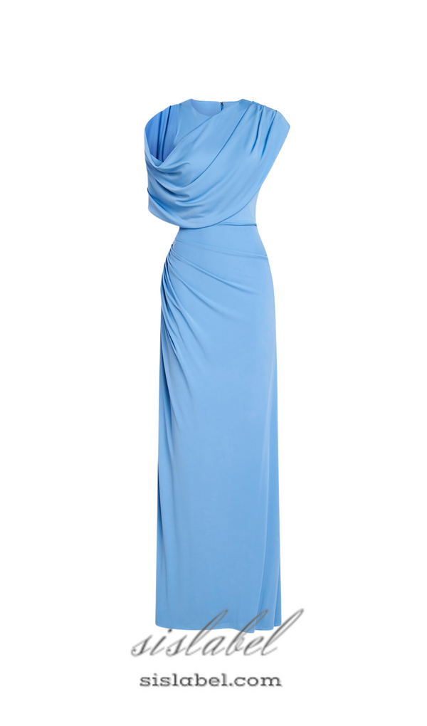 CASI SIDE-SLIT DRAPED JERSEY GOWN IN BLUE