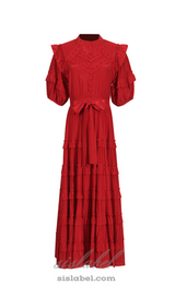 Lace ruffle trim layer midi dress in red