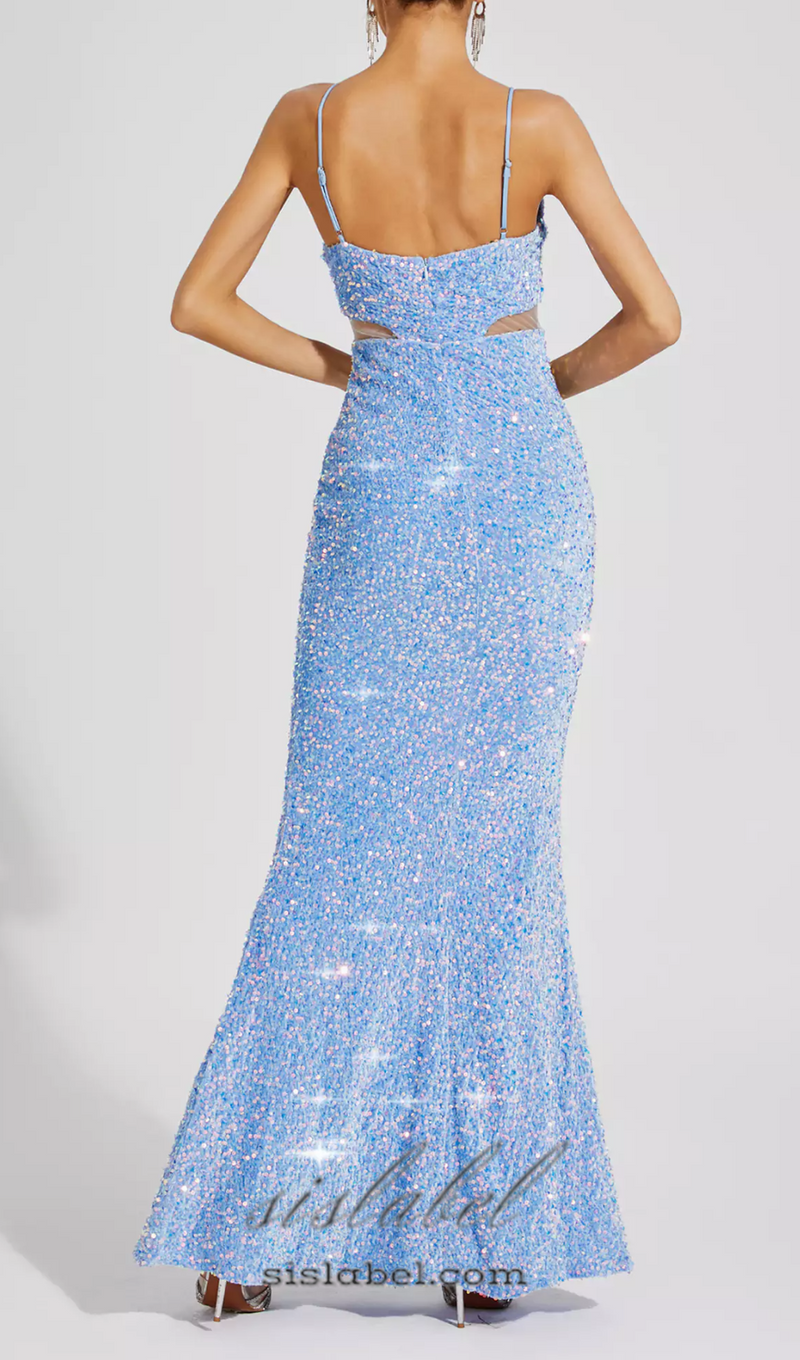 MARIAN BLUE CUTOUT SEQUINS HALTER MAXI DRESS