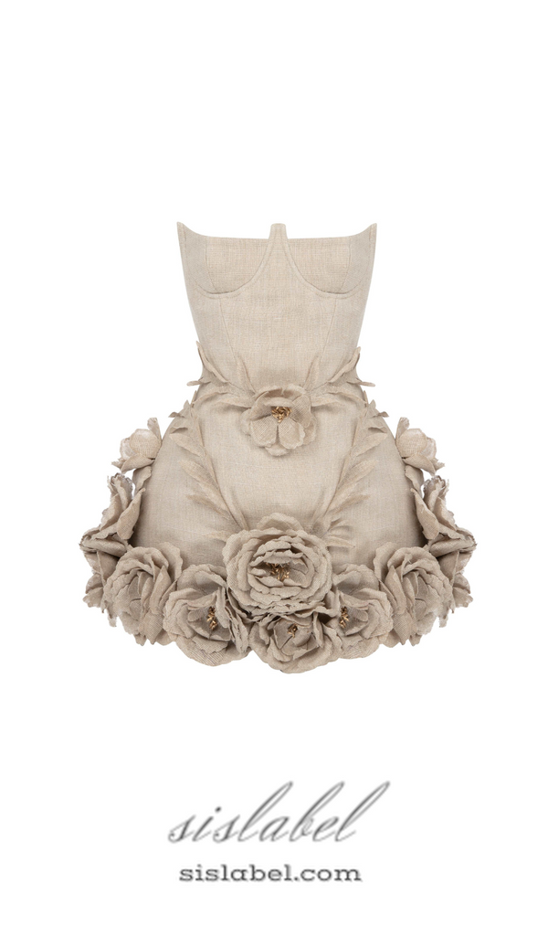 SALOME BEIGE LINEN CORSET FLOWER DETAILS MINI DRESS