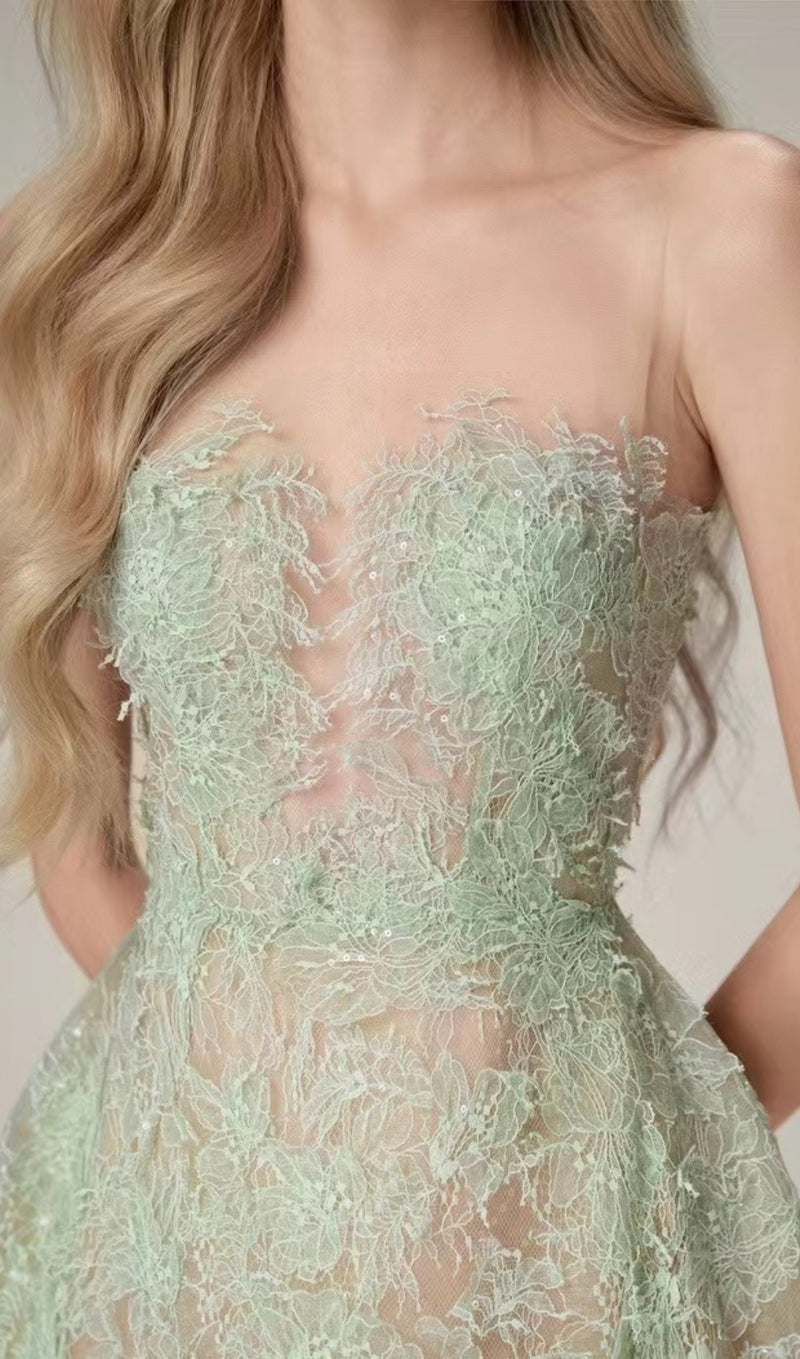 GREEN FLORAL LACE EMBROIDER MIDI DRESS