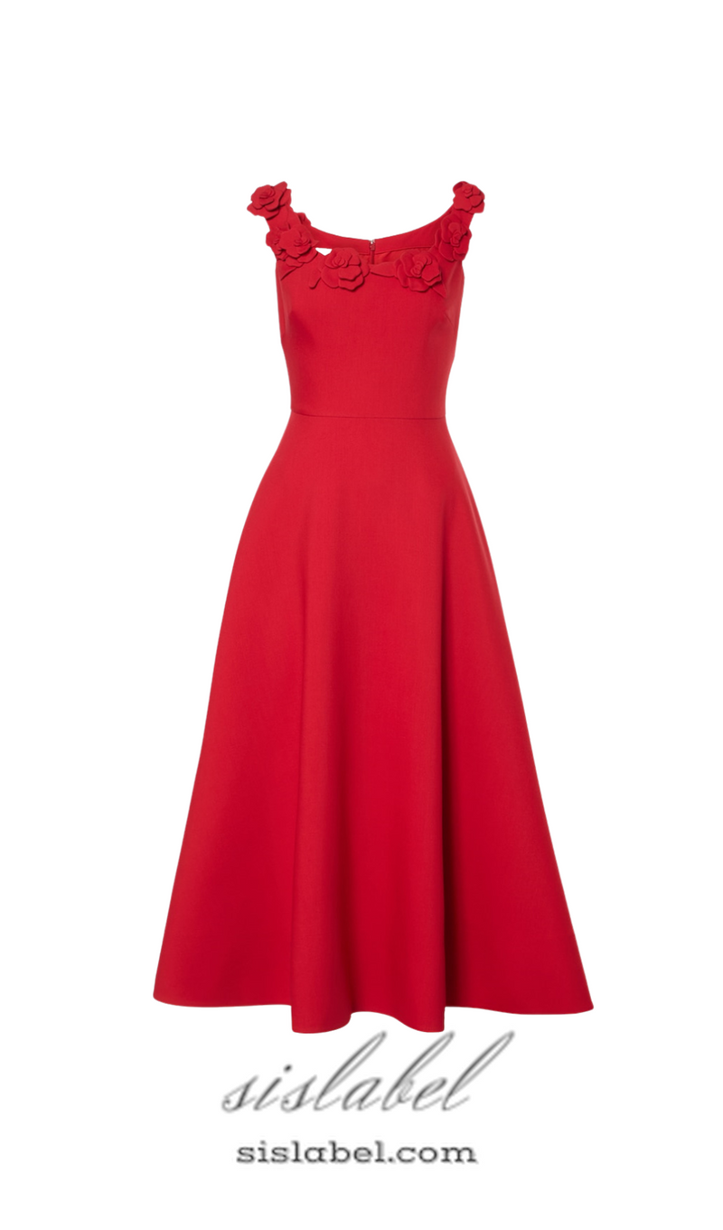 ULA EMBELLISHED FLORAL ROUND NECK MIDI DRESS IN RED