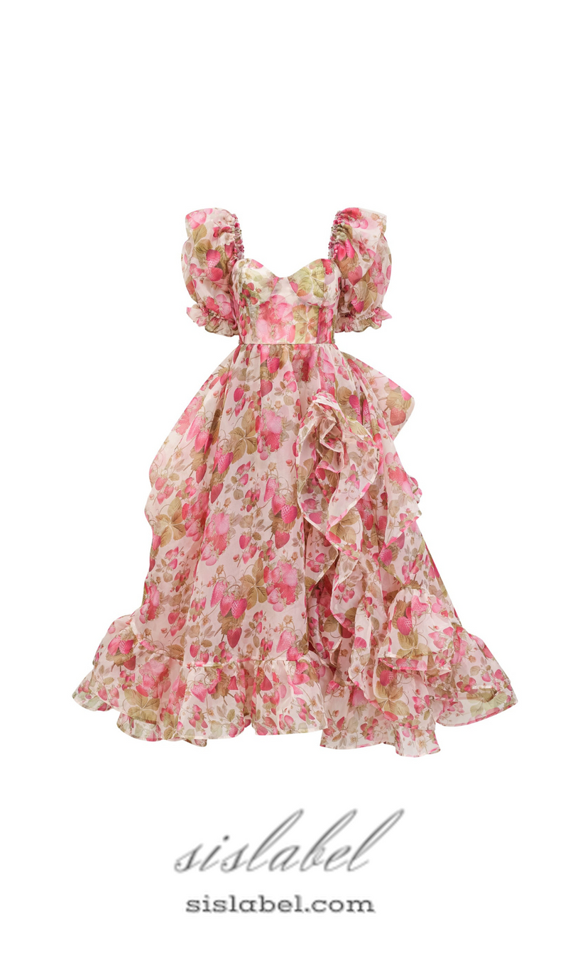 FRUIT-PRINT RUFFLED MAXI DRESS IN PINK