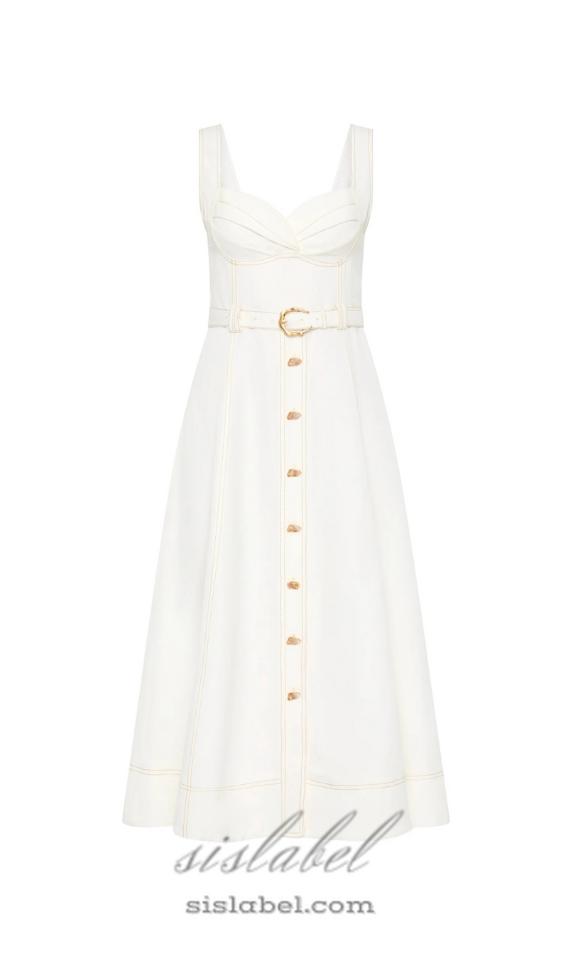 sweetheart neckline belted midi dress in ivory