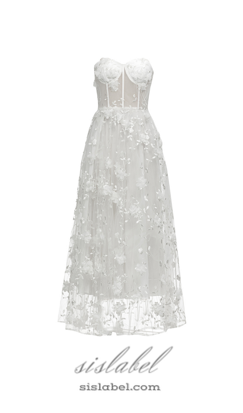 ENID WHITE FLORAL APPLIQUE MESH BANDAGE TUBE MAXI DRESS