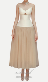 two-tone Hollow tube top tulle midi dress