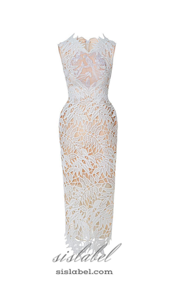 VANESSA SLEEVELESS LACE EMBROIDERED MIDI DRESS IN WHITE