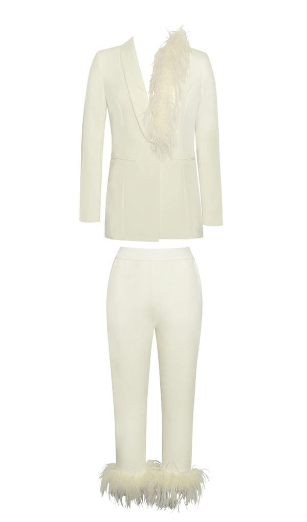 CREAM WHITE BLAZER SUIT WITH FEATHER TRIM