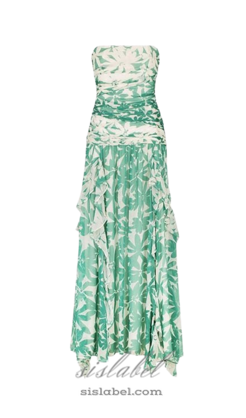 PRINT STRAPLESS CONTRAST MAXI DRESS IN GREEN