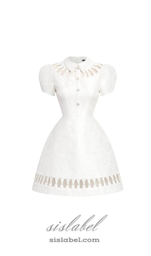 EARTHA WHITE PUFFY HOLLOW BROCADE MINI DRESS