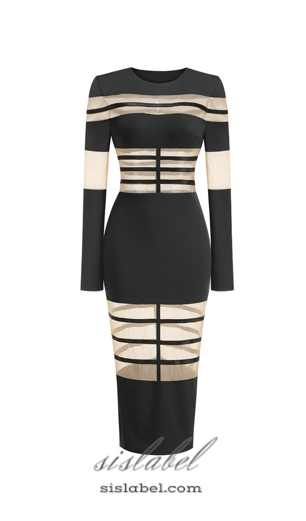 DORIS LONG SLEEVES MESH INSERT MIDI DRESS IN BLACK