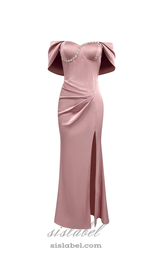 off-shoulder crystal detail satin maxi dress in pink