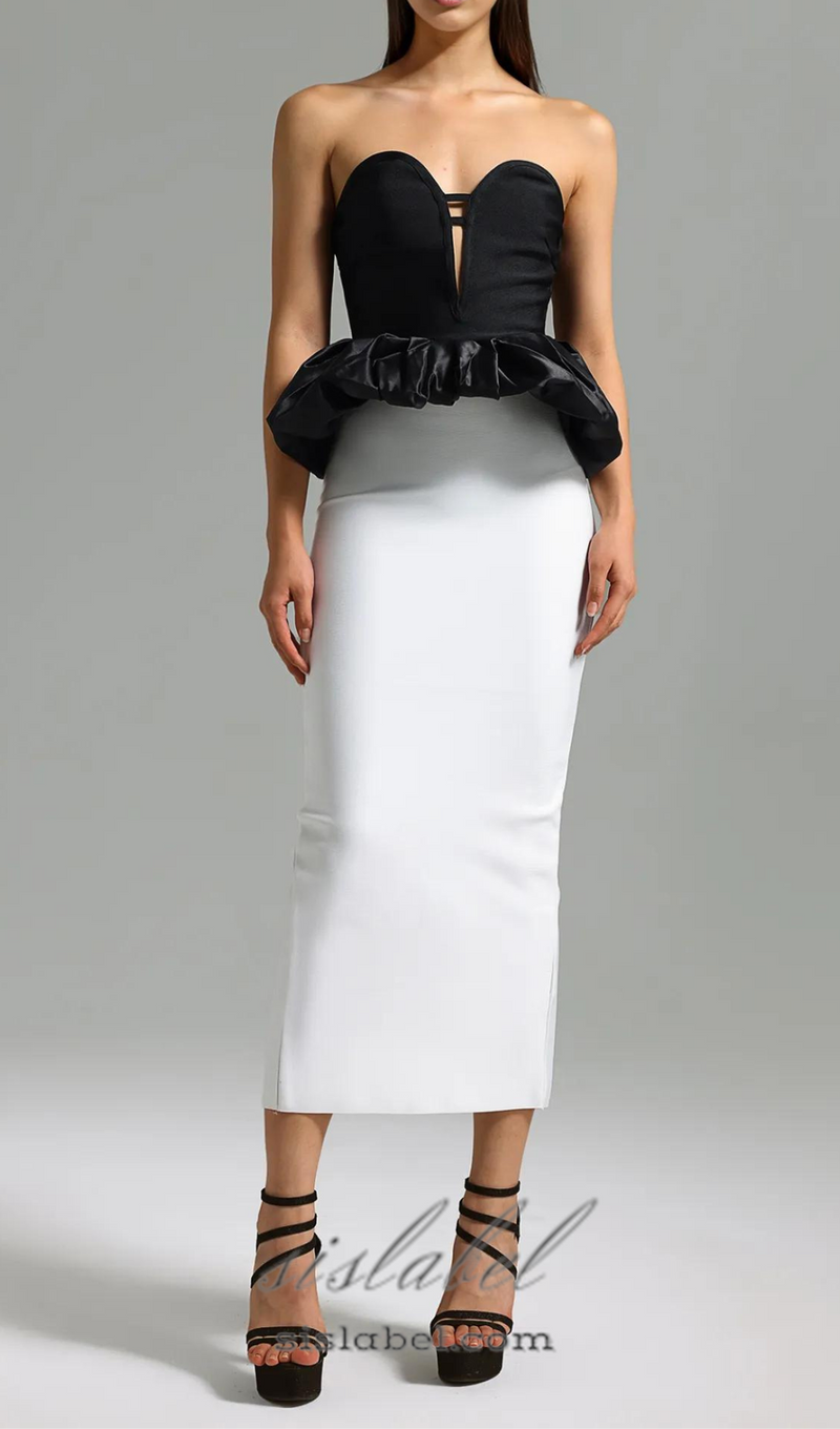 DEBORAH BLACK WHITE STRAPLESS RUFFLE BANDAGE DRESS