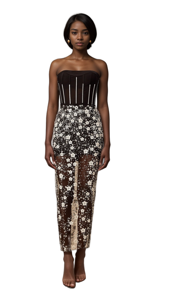 Ophélie black sequined flower corset midi dress