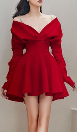 V-NECK LONG-SLEEVED A-LINE SUSPENDER DRESS