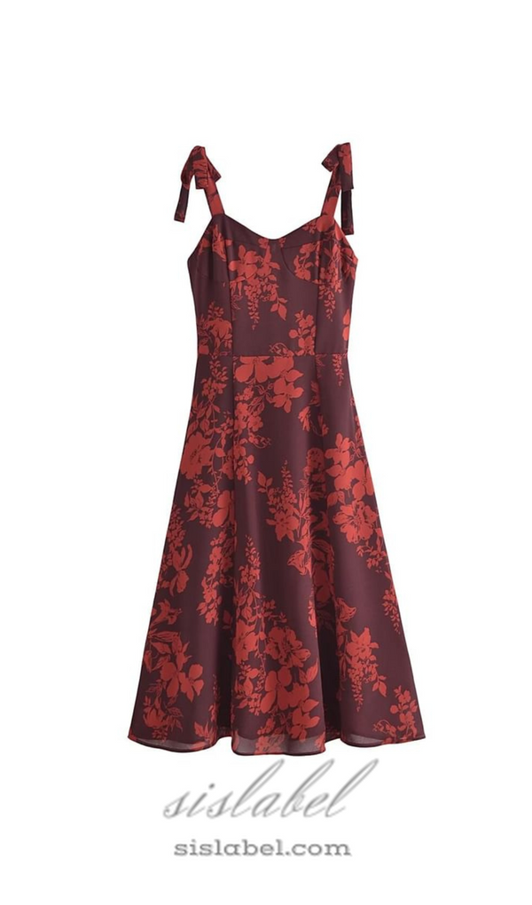 floral print bowknot strap midi dress in burgundy