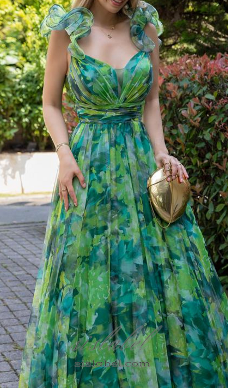 NATIVIDAD FLORAL PRINT TULLE A-LINE GREEN MAXI DRESS