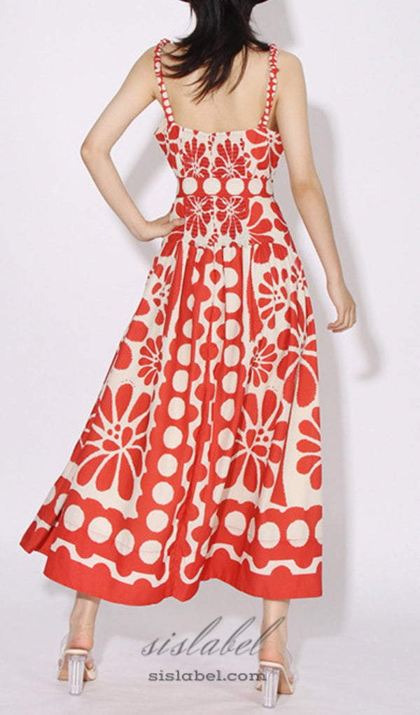 STRAP PRINTED MIDI DRESS IN RED