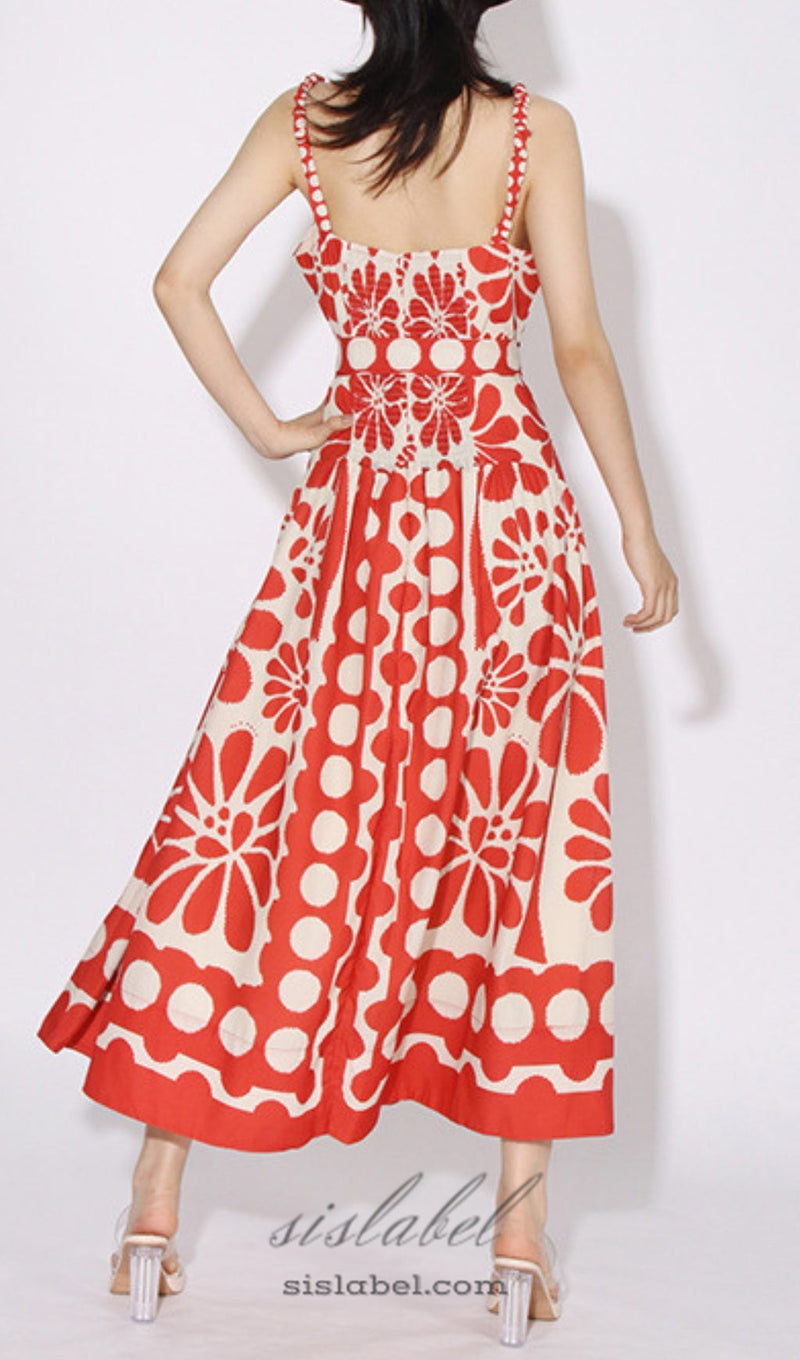 STRAP PRINTED MIDI DRESS IN RED