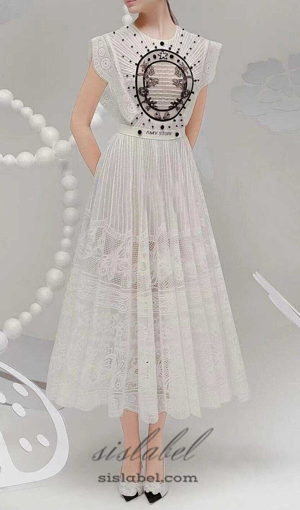 EMBROIDERY LACE MIDI DRESS IN WHITE